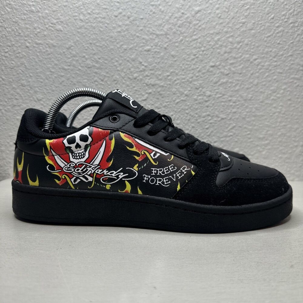 Ed Hardy Court-T Black Multicolor Skull Logo Lace Up Sneakers Men’s Size 9.5